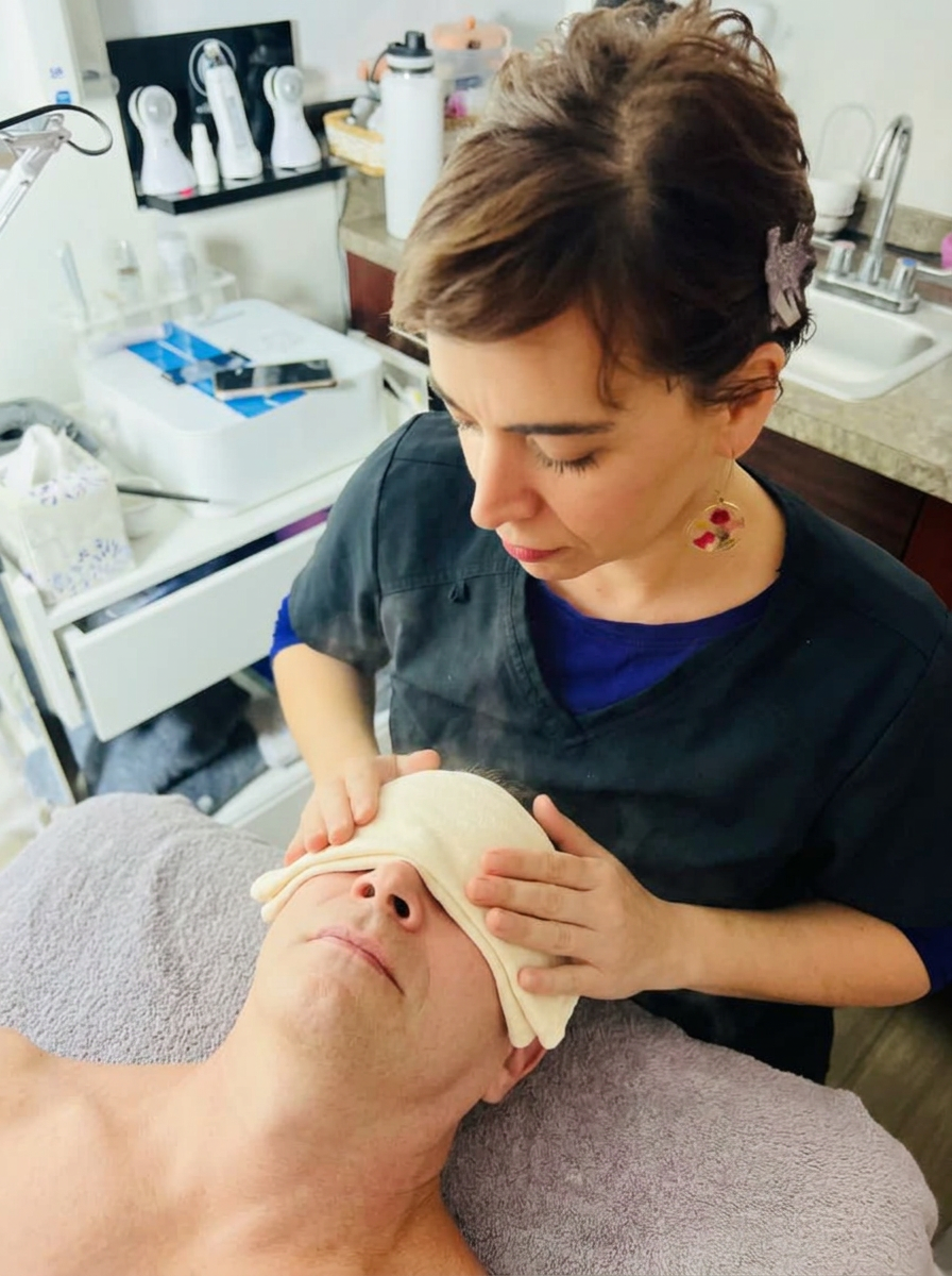 Leslie performing a facial with the client's eyes comfortably covered